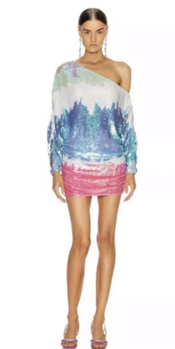 Retrofete Yasmin Sequin Dress in Unicorn Dip Dye Off the Shoulder Size S/M?